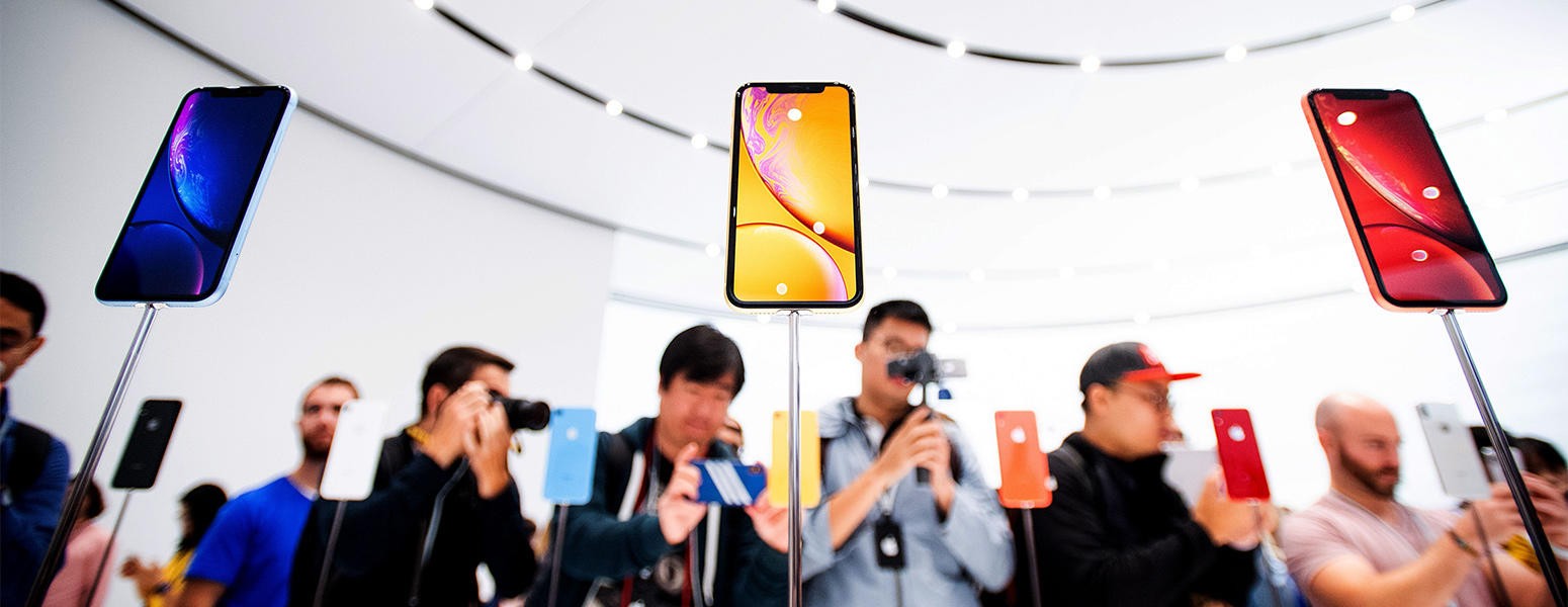 Newly introduced iPhones at an Apple event in September 2018. Photo: Noah Berger/AFP/Getty Images.