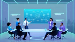 IT professionals reviewing and learning from an IT Governance Plan Example on the screen