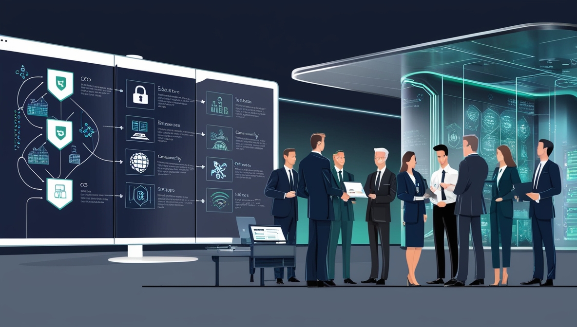 IT leadership team standing in front of a digital screen reviewing an IT Strategic Plan to Drive Strategic Vision