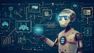 Humanoid AI robot surrounded by visual symbols representing perception, language, prediction, analytics, automation, and content generation.