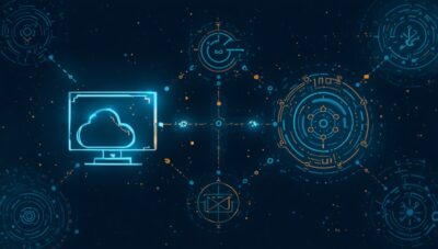 Abstract illustration showing cloud technology, connected systems, and strategic digital networks representing the relationship between digital strategy and IT strategy.