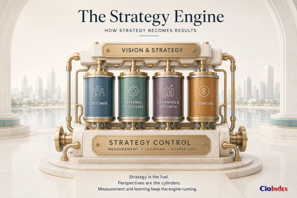 What Is A Balanced Scorecard? How It Works, When It Fits, And Where It Fails 1 Sculptural Strategy Engine With Four Cylinders Representing The Balanced Scorecard Perspectives, Powered By Vision And Strategy.
