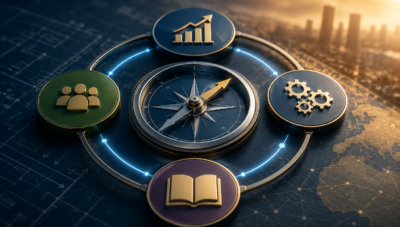 Conceptual illustration of a Balanced Scorecard connecting four management perspectives around a central strategy compass.