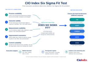 What Is Six Sigma? How It Works, Where It Fits, And Where It Does Not 6 Cio Index Six Sigma Fit Test Showing Process Suitability, Outcome Validity, Measurement, Economics, And Control Suitability.