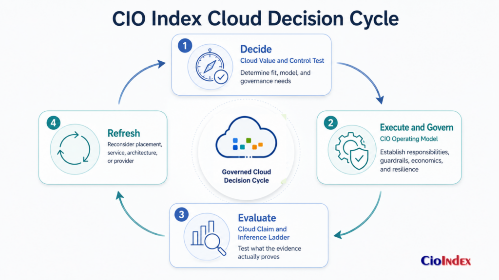 What Is Cloud Computing? How It Works, When It Fits, And Where It Fails 1 Four-Stage Cloud Decision Cycle Linking The Value And Control Test, Cio Operating Model, Claim And Inference Ladder, And Decision Refresh.