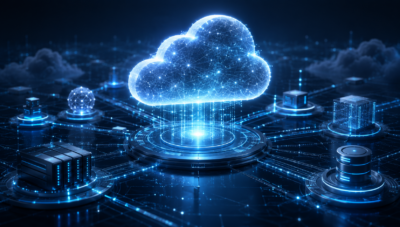 Executive illustration of cloud computing as a programmable operating model linking services, controls, economics, resilience, and outcomes.