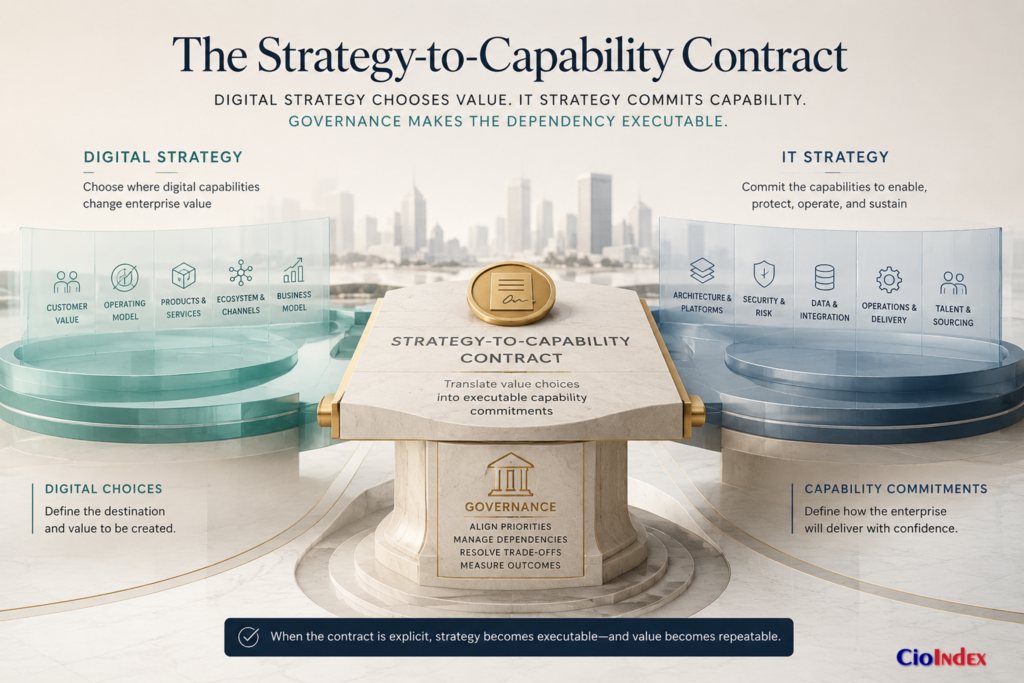 Digital Strategy Vs It Strategy: What Cios Must Separate—And Connect 1 Digital Strategy Value Choices And It Strategy Capability Commitments Connected By A Governance-Backed Strategy-To-Capability Contract.
