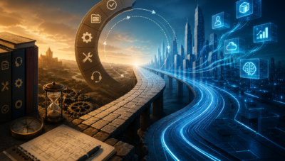 Conceptual hero image showing ITIL’s evolution from early operational service management to an integrated digital product, service, and AI lifecycle.