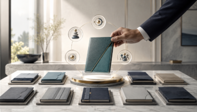 Executive selecting one IT strategy guide from several options, with five visual criteria representing planning need, lifecycle stage, deliverable, structure, and organizational context.