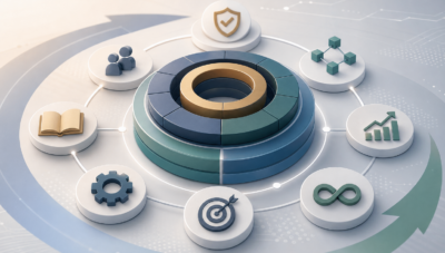 Interconnected ITIL components arranged around a shared value center, representing alignment across governance, flow, capability, and improvement.