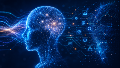 Abstract AI hero image showing a neural network-like human form processing data and generating enterprise outputs.